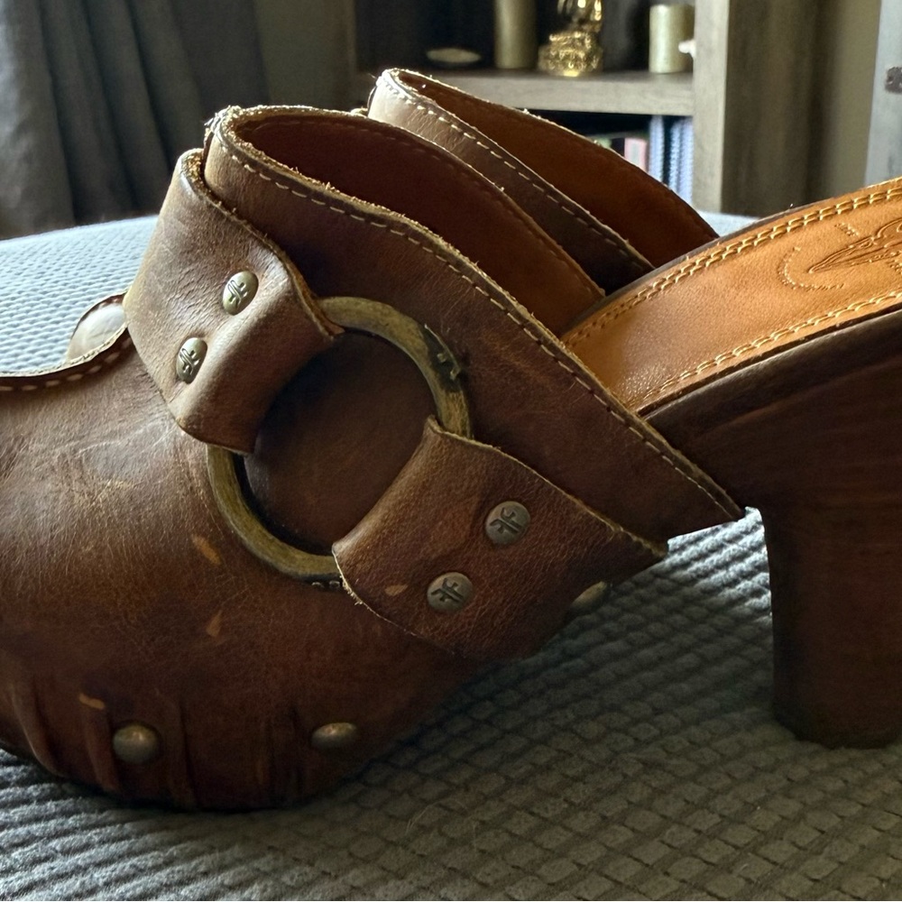 Frye Brown Leather Reese Ring Mules with Buckle Detail